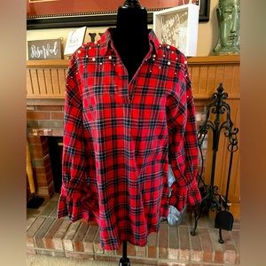 Red Plaid Long Sleeve Blouse - Size M